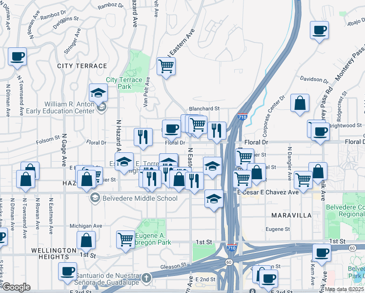 map of restaurants, bars, coffee shops, grocery stores, and more near 4236 Floral Drive in Los Angeles