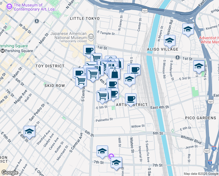 map of restaurants, bars, coffee shops, grocery stores, and more near 903b East 4th Street in Los Angeles