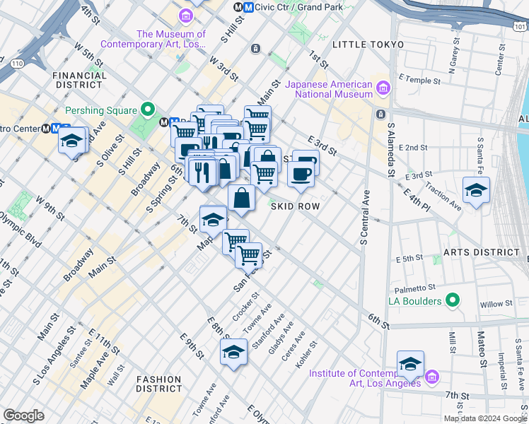 map of restaurants, bars, coffee shops, grocery stores, and more near 524 Wall Street in Los Angeles
