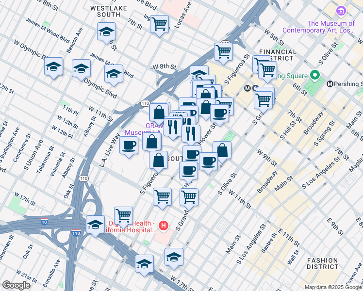 map of restaurants, bars, coffee shops, grocery stores, and more near 1040 South Figueroa Street in Los Angeles