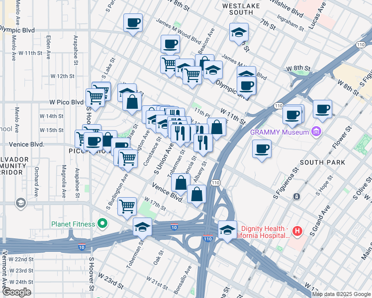 map of restaurants, bars, coffee shops, grocery stores, and more near 1558 West Pico Boulevard in Los Angeles