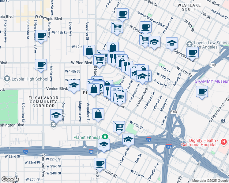 map of restaurants, bars, coffee shops, grocery stores, and more near 1406 South Bonnie Brae Street in Los Angeles