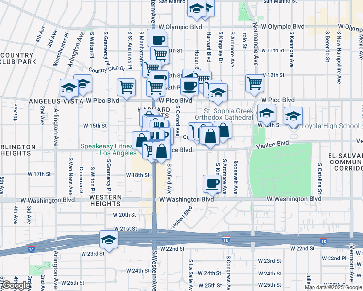 map of restaurants, bars, coffee shops, grocery stores, and more near 2205 Venice Boulevard in Los Angeles