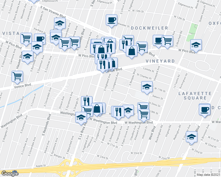 map of restaurants, bars, coffee shops, grocery stores, and more near 1719 South Longwood Avenue in Los Angeles