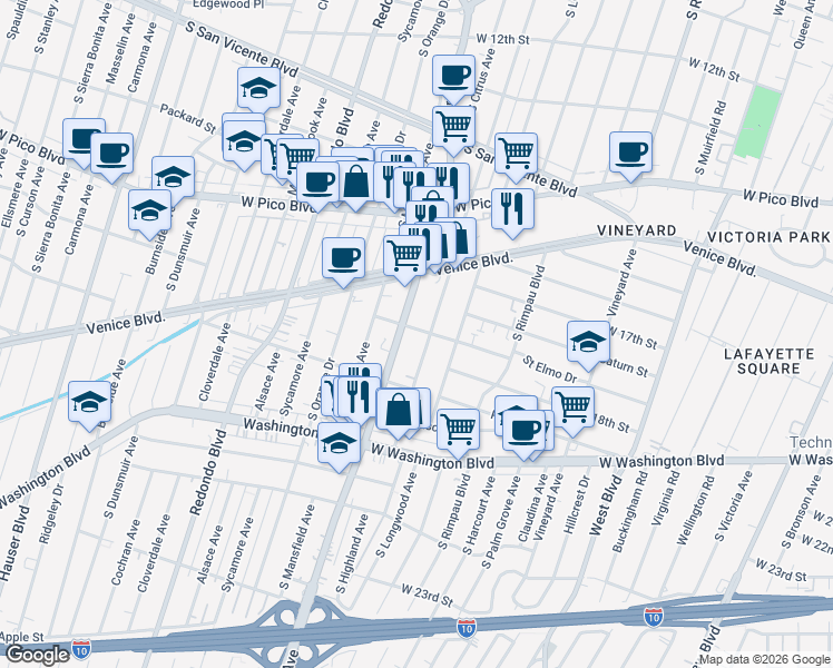 map of restaurants, bars, coffee shops, grocery stores, and more near 4906 Saint Elmo Drive in Los Angeles