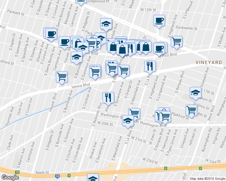 map of restaurants, bars, coffee shops, grocery stores, and more near 1707 South Sycamore Avenue in Los Angeles