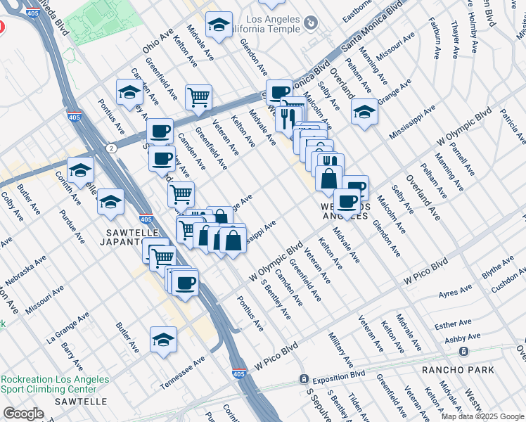 map of restaurants, bars, coffee shops, grocery stores, and more near 2026 Greenfield Avenue in Los Angeles