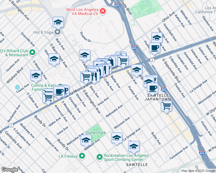 map of restaurants, bars, coffee shops, grocery stores, and more near 1652 Colby Avenue in Los Angeles