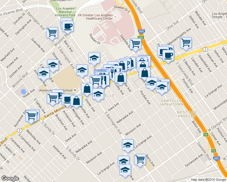 map of restaurants, bars, coffee shops, grocery stores, and more near 1621 Federal Avenue in Los Angeles