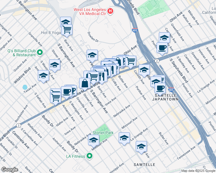 map of restaurants, bars, coffee shops, grocery stores, and more near 1621 Federal Avenue in Los Angeles