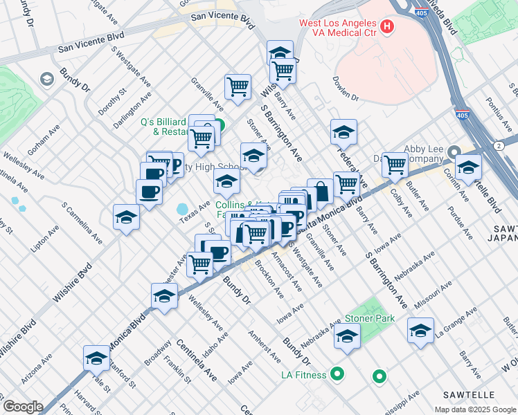 map of restaurants, bars, coffee shops, grocery stores, and more near 1409 South Westgate Avenue in Los Angeles