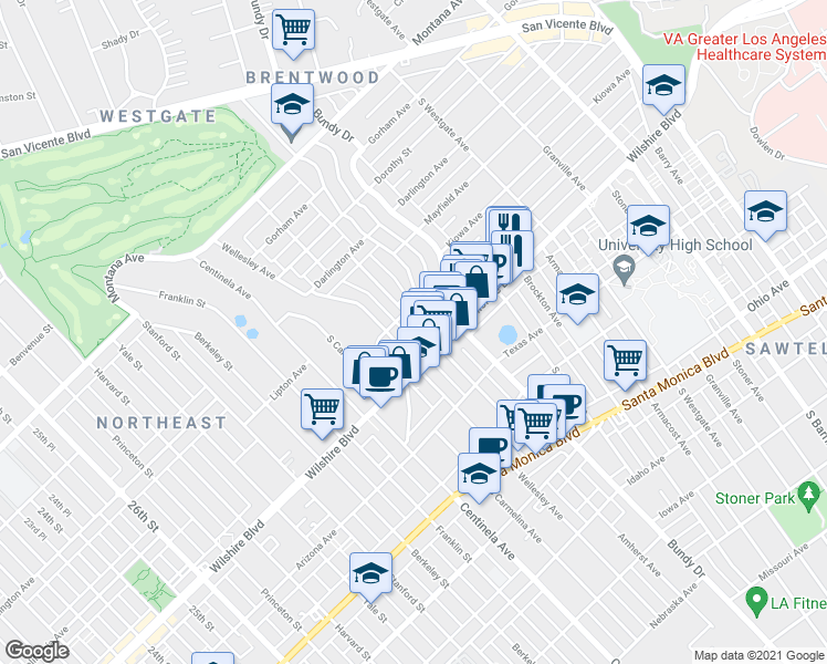 map of restaurants, bars, coffee shops, grocery stores, and more near 1158 Wellesley Avenue in Los Angeles