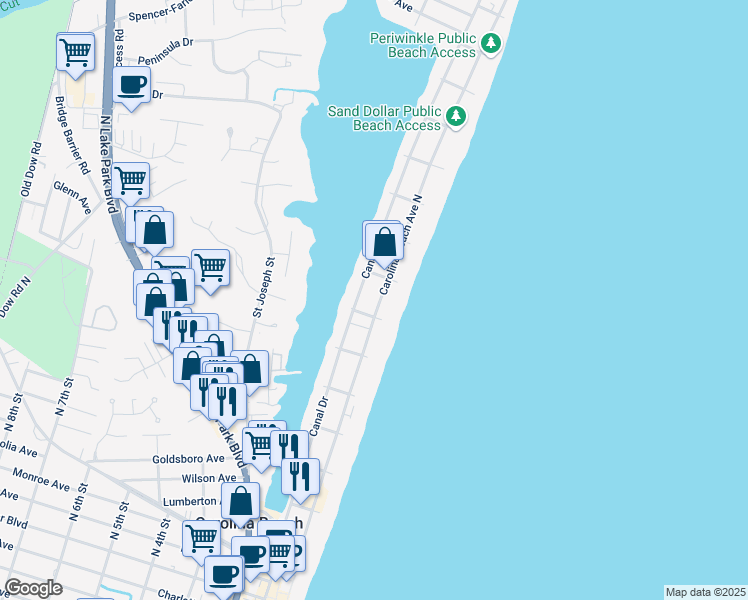 map of restaurants, bars, coffee shops, grocery stores, and more near 804 Canal Drive in Carolina Beach