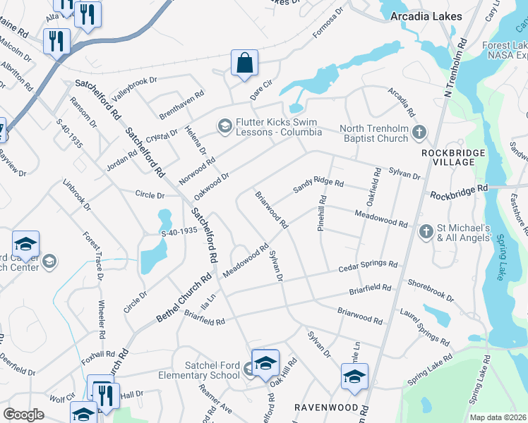map of restaurants, bars, coffee shops, grocery stores, and more near 6431 Briarwood Road in Columbia