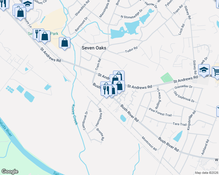 map of restaurants, bars, coffee shops, grocery stores, and more near 126 Burnsdowne Road in Columbia