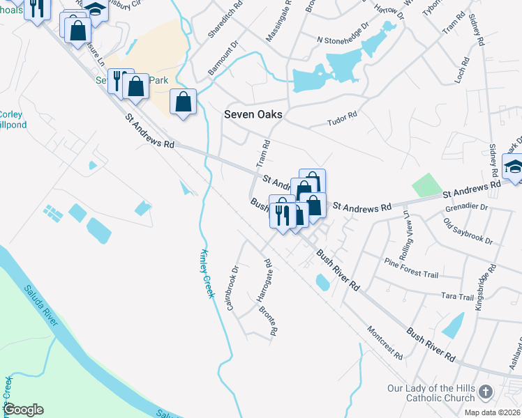 map of restaurants, bars, coffee shops, grocery stores, and more near 133 Dunaway Court in Columbia