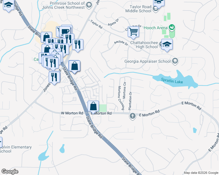 map of restaurants, bars, coffee shops, grocery stores, and more near 220 Morton Creek Circle in Alpharetta