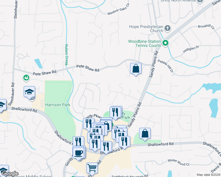 map of restaurants, bars, coffee shops, grocery stores, and more near 3126 Swallow Drive Northeast in Marietta