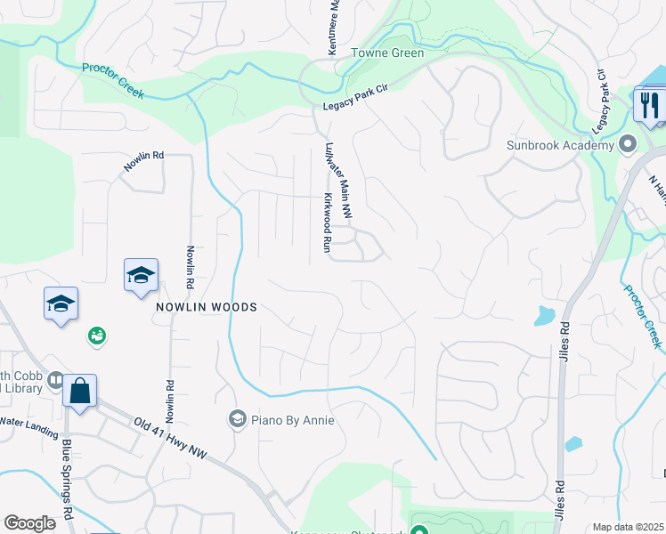 map of restaurants, bars, coffee shops, grocery stores, and more near 3798 Kirkwood Run in Kennesaw