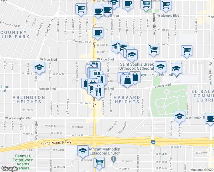 map of restaurants, bars, coffee shops, grocery stores, and more near 2229 Venice Boulevard in Los Angeles