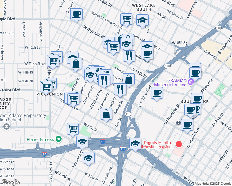 map of restaurants, bars, coffee shops, grocery stores, and more near 1433 West Pico Boulevard in Los Angeles
