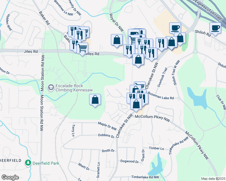 map of restaurants, bars, coffee shops, grocery stores, and more near 1048 Plantation Way in Kennesaw