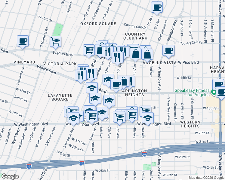 map of restaurants, bars, coffee shops, grocery stores, and more near 3617 Venice Boulevard in Los Angeles