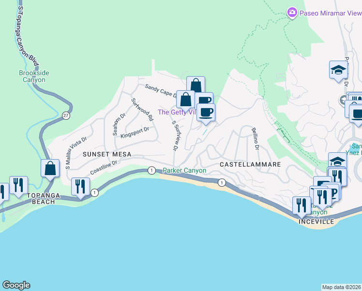 map of restaurants, bars, coffee shops, grocery stores, and more near 200 South Surfview Drive in Los Angeles