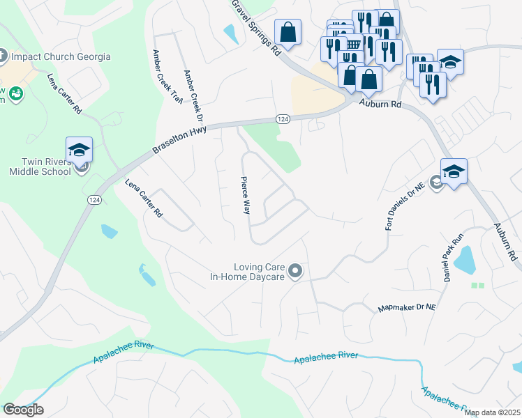 map of restaurants, bars, coffee shops, grocery stores, and more near 2526 Betty Sue Drive Northeast in Buford