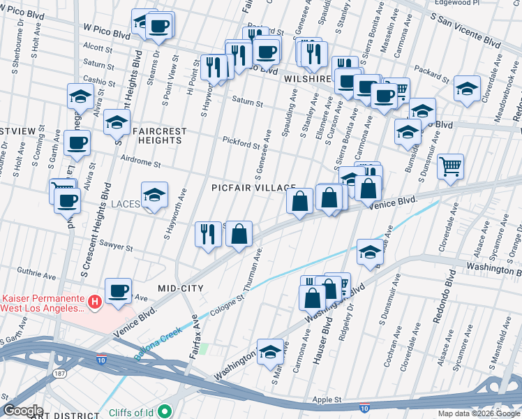 map of restaurants, bars, coffee shops, grocery stores, and more near 1733 South Spaulding Avenue in Los Angeles