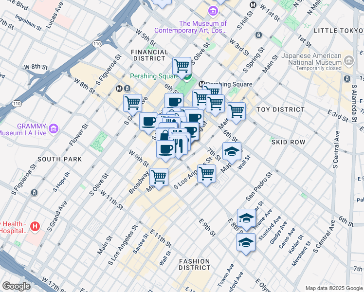 map of restaurants, bars, coffee shops, grocery stores, and more near 226 West 8th Street in Los Angeles