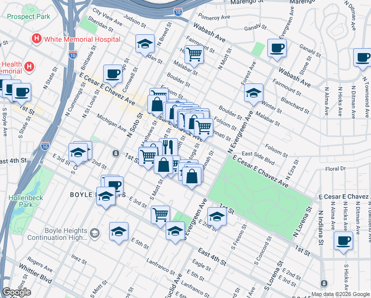 map of restaurants, bars, coffee shops, grocery stores, and more near 2714 New Jersey Street in Los Angeles