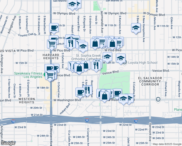 map of restaurants, bars, coffee shops, grocery stores, and more near 2055 Venice Boulevard in Los Angeles