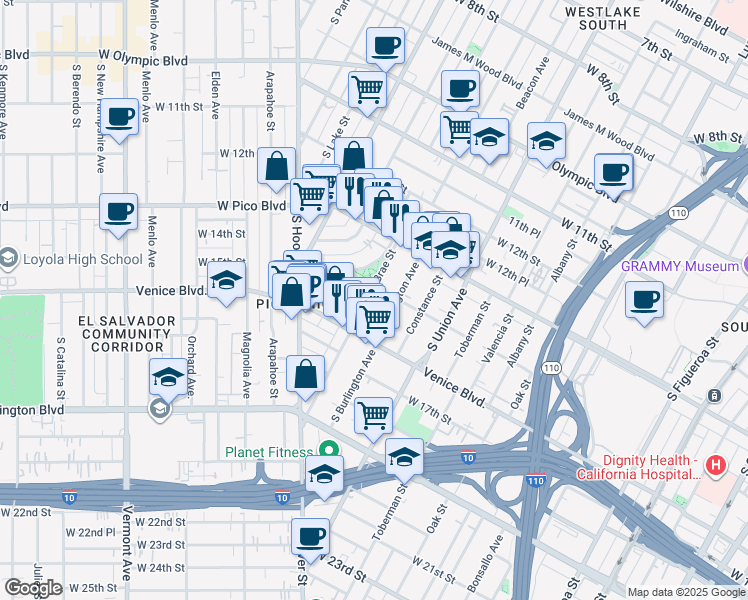 map of restaurants, bars, coffee shops, grocery stores, and more near 1410 South Bonnie Brae Street in Los Angeles