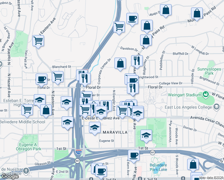 map of restaurants, bars, coffee shops, grocery stores, and more near 4656 Floral Drive in Los Angeles