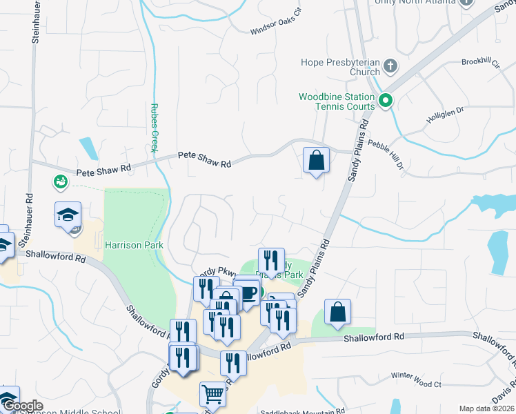 map of restaurants, bars, coffee shops, grocery stores, and more near 3126 Swallow Dr NE in Marietta