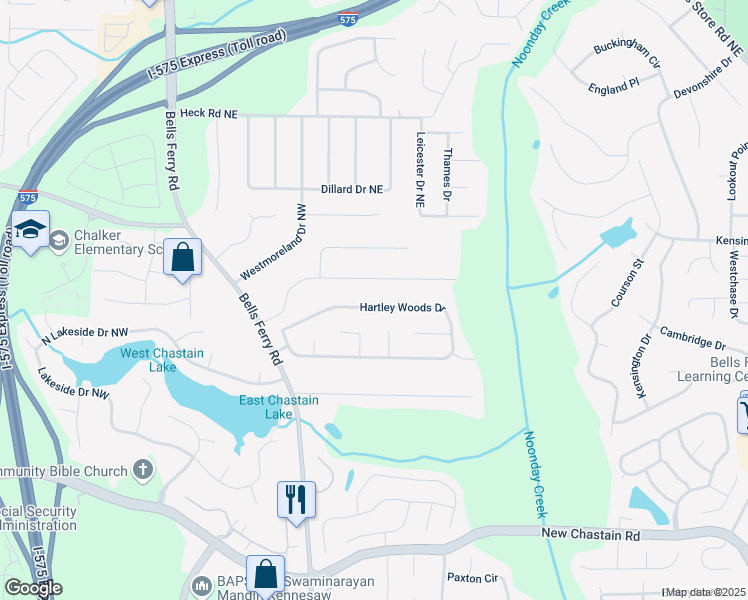 map of restaurants, bars, coffee shops, grocery stores, and more near 92 Hartley Woods Drive in Kennesaw