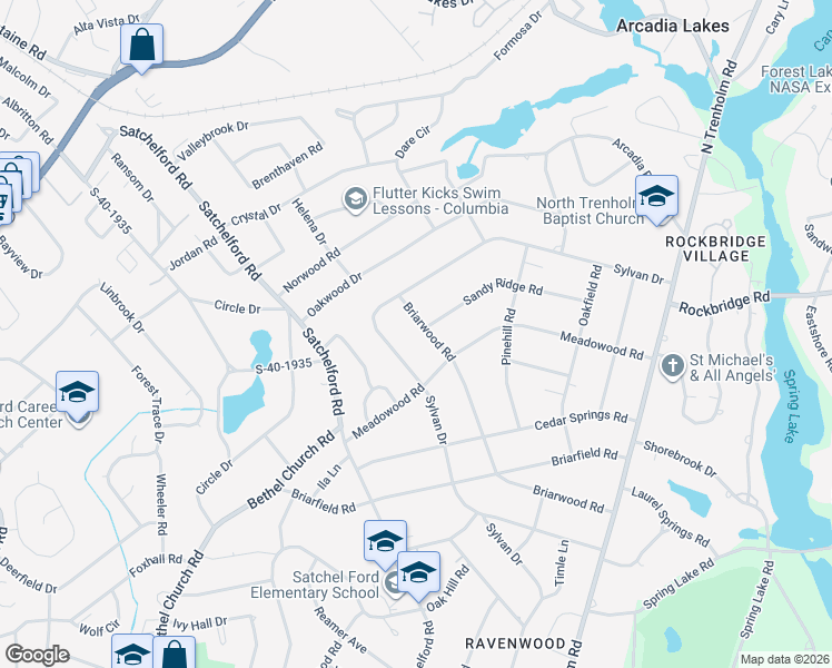 map of restaurants, bars, coffee shops, grocery stores, and more near 6431 Briarwood Road in Columbia