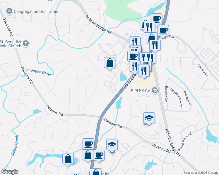 map of restaurants, bars, coffee shops, grocery stores, and more near 10514 Holliwell Court in Duluth