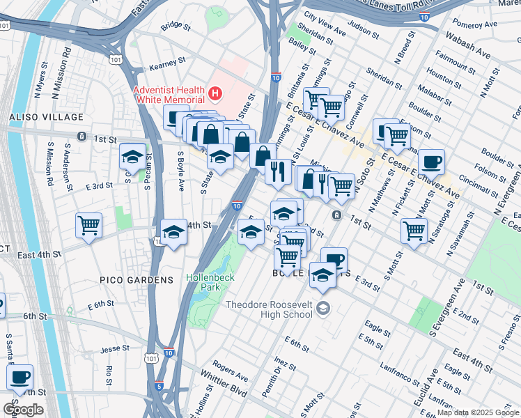 map of restaurants, bars, coffee shops, grocery stores, and more near 2022 East 2nd Street in Los Angeles
