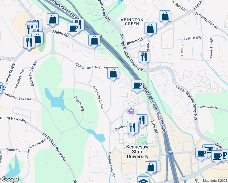 map of restaurants, bars, coffee shops, grocery stores, and more near 1262 Shiloh Trail East Northwest in Kennesaw