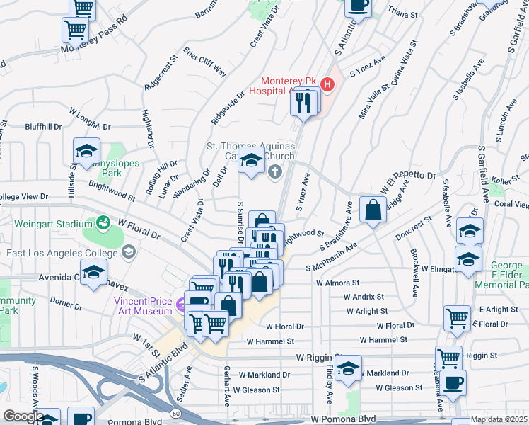 map of restaurants, bars, coffee shops, grocery stores, and more near 1801 South Atlantic Boulevard in Monterey Park