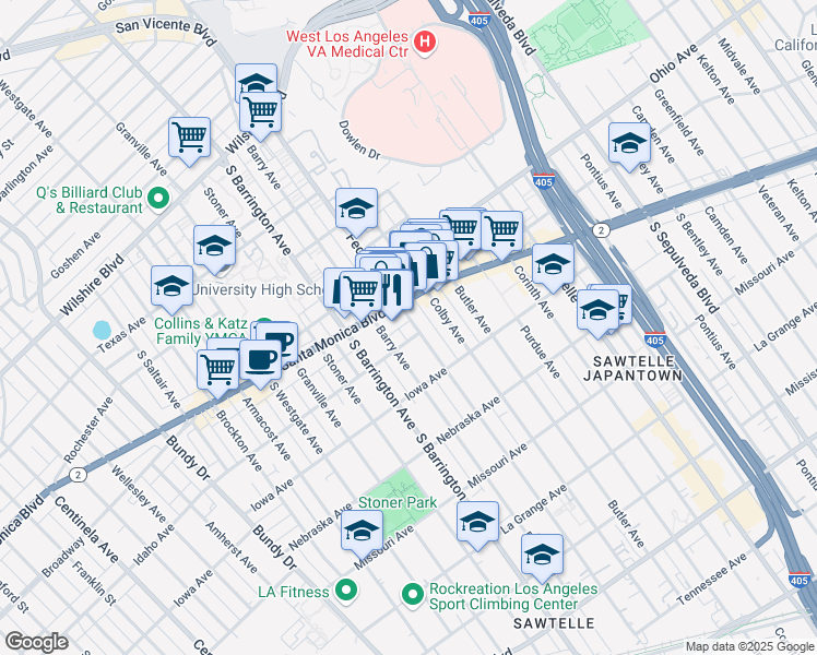 map of restaurants, bars, coffee shops, grocery stores, and more near 1621 Federal Avenue in Los Angeles