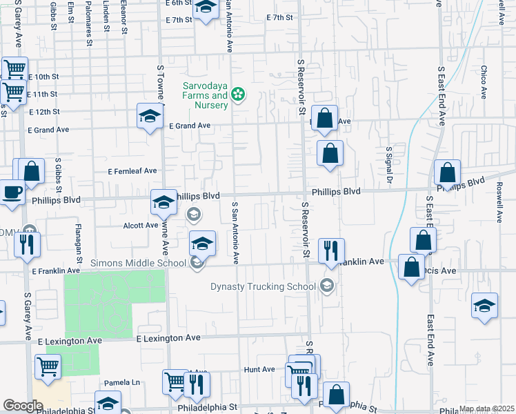 map of restaurants, bars, coffee shops, grocery stores, and more near 1505 Patterson Avenue in Pomona