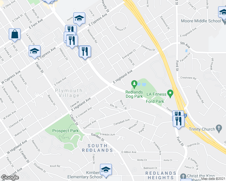 map of restaurants, bars, coffee shops, grocery stores, and more near 470 East Highland Avenue in Redlands