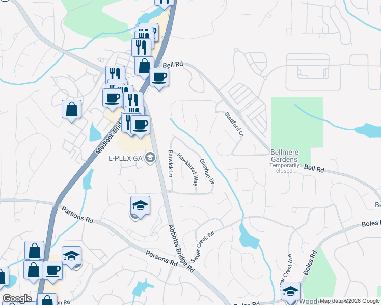 map of restaurants, bars, coffee shops, grocery stores, and more near 10920 Glenbarr Drive in Duluth