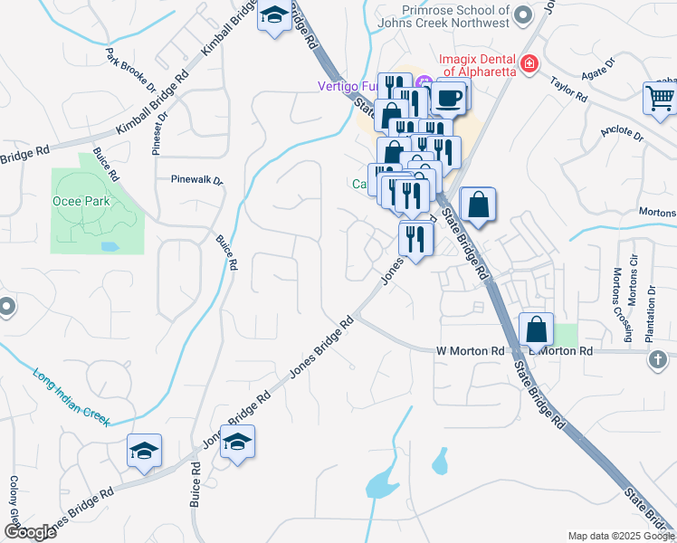 map of restaurants, bars, coffee shops, grocery stores, and more near 6106 Harvest Ridge Lane in Alpharetta