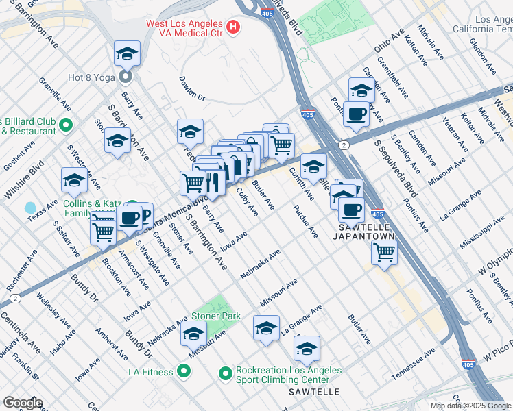 map of restaurants, bars, coffee shops, grocery stores, and more near 1652 Colby Avenue in Los Angeles