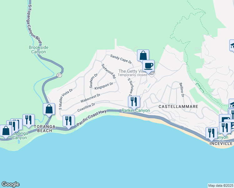 map of restaurants, bars, coffee shops, grocery stores, and more near 18106 Wakecrest Drive in Malibu