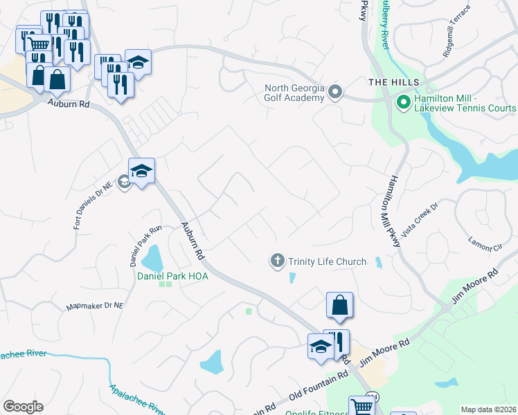 map of restaurants, bars, coffee shops, grocery stores, and more near 3060 McCannon Mill Drive in Dacula